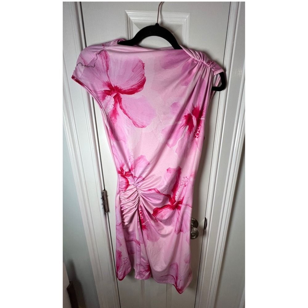 SHEIN Pink Hibiscus Floral Ruched Mini Dress Sleeveless Bodycon C1FYJ62P3P Small